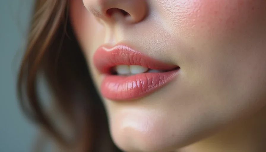 Cream blush appearance on skin under office lighting by late afternoon Close-up of a woman’s cheek in soft office lighting showing natural residual cream blush color at the end of the workday.