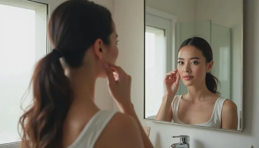 Final quick check in the mirror before leaving for the office A woman checking her finished natural office makeup in a regular bathroom mirror under soft morning light, looking calm and ready for the workday.