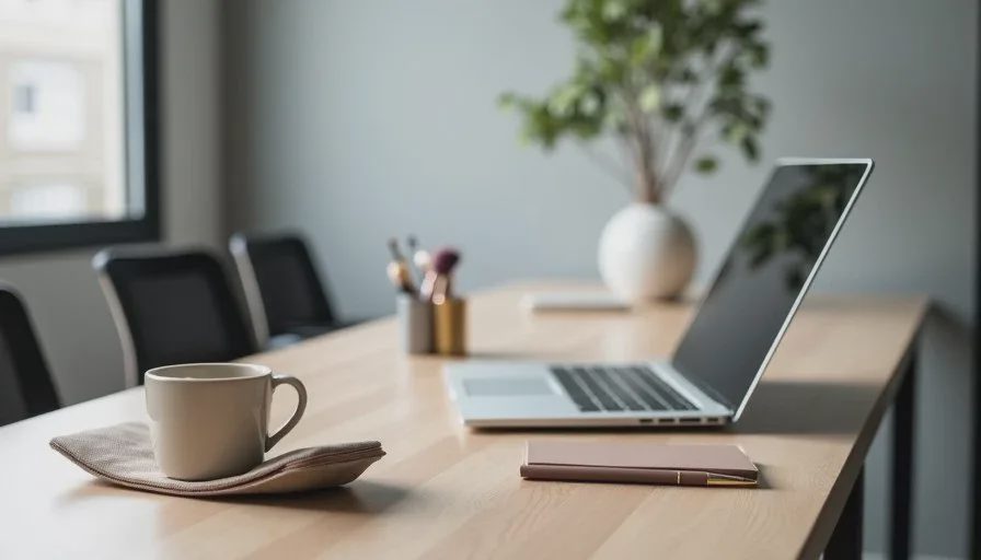 A real workday desk — the environment makeup actually has to survive A simple office desk in soft morning light with a laptop, a coffee mug, and a small makeup pouch, suggesting a realistic workday setting.