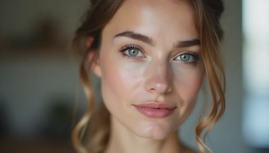 Close-up of a woman’s face in soft morning light with natural, awake-looking makeup—brightened under-eyes, soft blush and subtle definition, no heavy product.