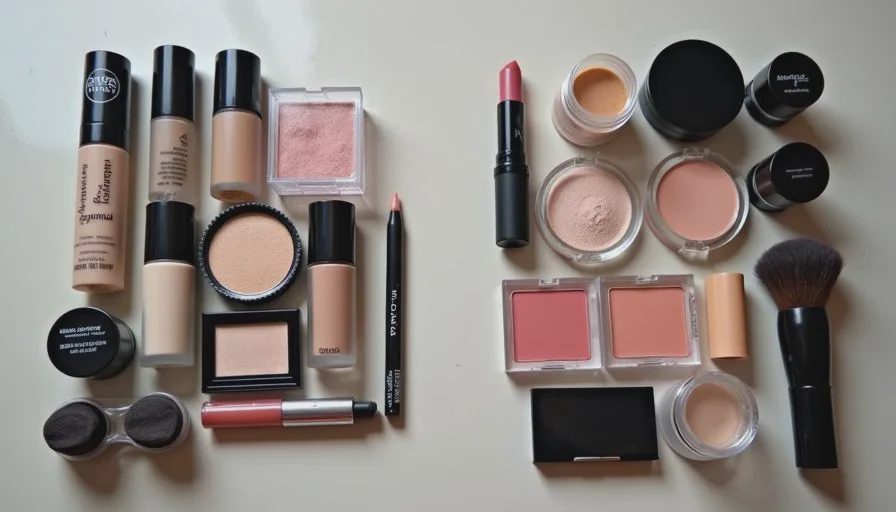 Two groups of makeup products on a clean surface: one side more luxury-looking packaging, the other simpler everyday packaging, illustrating price versus everyday elegance.