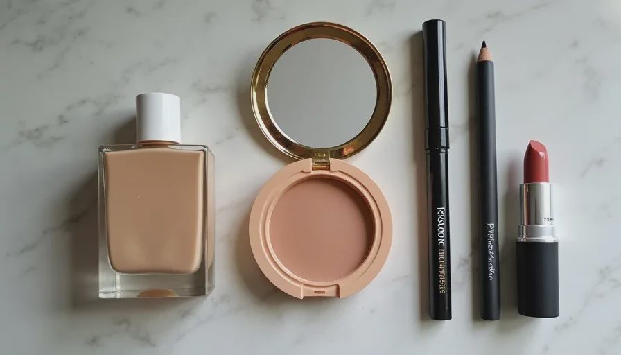 The short product list for a realistic 7-minute workday routine Flat lay of the exact products used in a 7-minute office makeup routine: skin tint, concealer, cream blush, mascara, brow pencil and lip color on a clean bathroom counter.