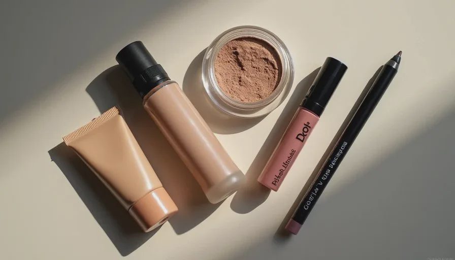 Everyday makeup products reviewed through a former beauty advisor’s lens A clean flat lay of everyday makeup products including foundation, concealer, cream blush, mascara and lip color on a neutral surface, representing items commonly sold at beauty counters.