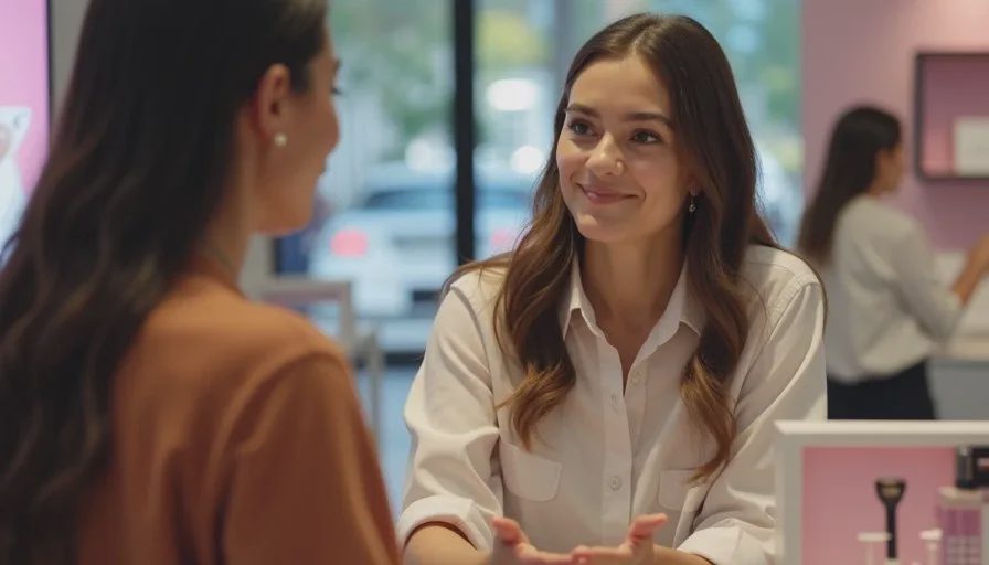The return conversation — where many product regrets become clear A former beauty advisor speaking with a customer at the counter in soft professional light, illustrating the quiet conversation that often follows a regretted purchase.