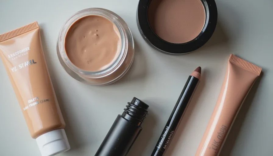 Products used for a soft office look that skips perfect eyeliner Flat lay of products for a soft work makeup look: skin tint, cream blush, brown pencil, neutral shadow, mascara and tinted balm on a clean surface.