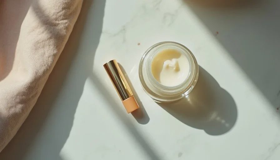 A nearly empty bathroom counter in soft morning light with only a moisturizer and a lip balm, suggesting permission to do very little.