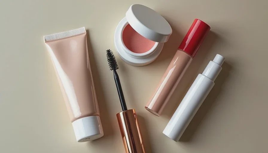The short product list for early-meeting makeup on tired mornings Flat lay of minimal makeup products for a low-sleep morning: skin tint, concealer, cream blush, mascara and tinted lip balm on a clean surface.