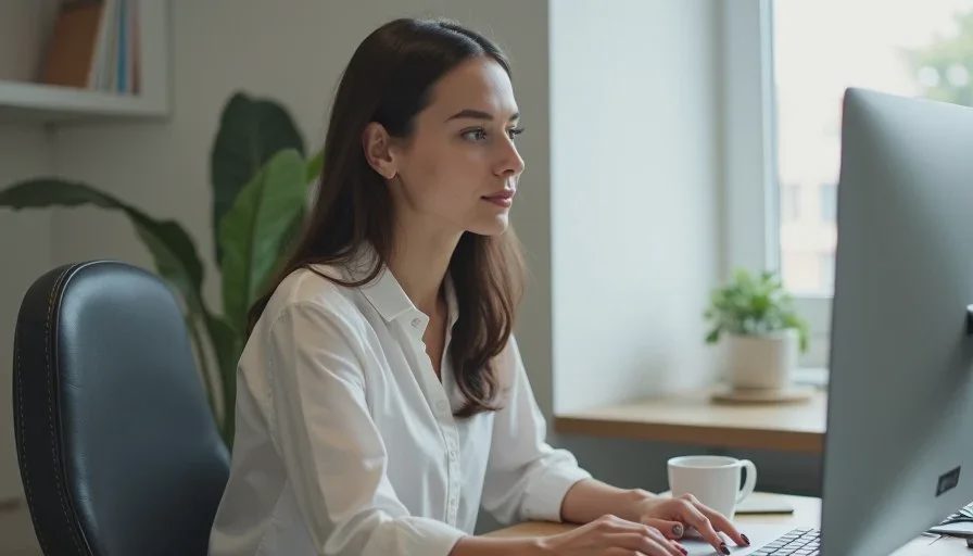 A real workday face under ordinary light at the end of the day A woman at an ordinary desk in late-afternoon office lighting, wearing soft natural makeup that still looks presentable after a full day.