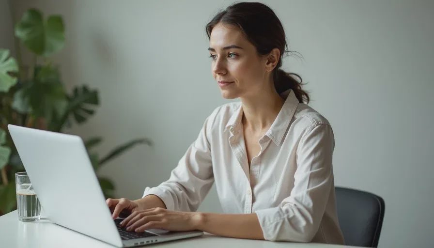 A woman sitting at a simple desk in soft indoor light with minimal makeup, looking present but clearly low-energy, no performance in her posture.