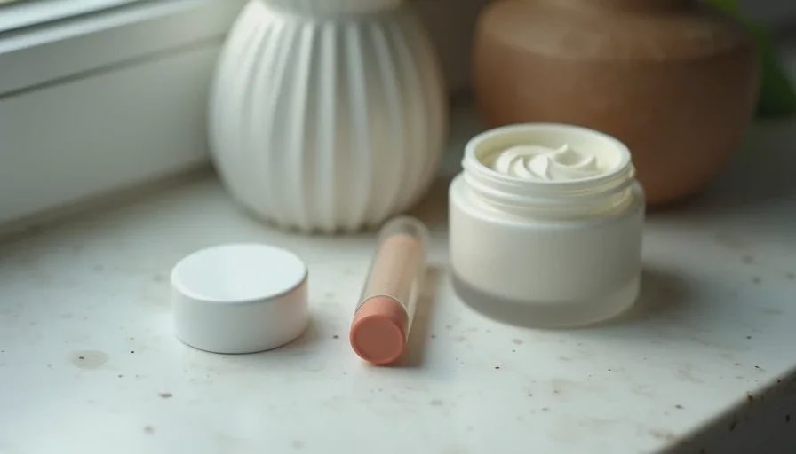 An ordinary morning counter — permission to do less A simple bathroom counter in the early morning with a moisturizer, a single concealer and a lip balm, suggesting a minimal routine.