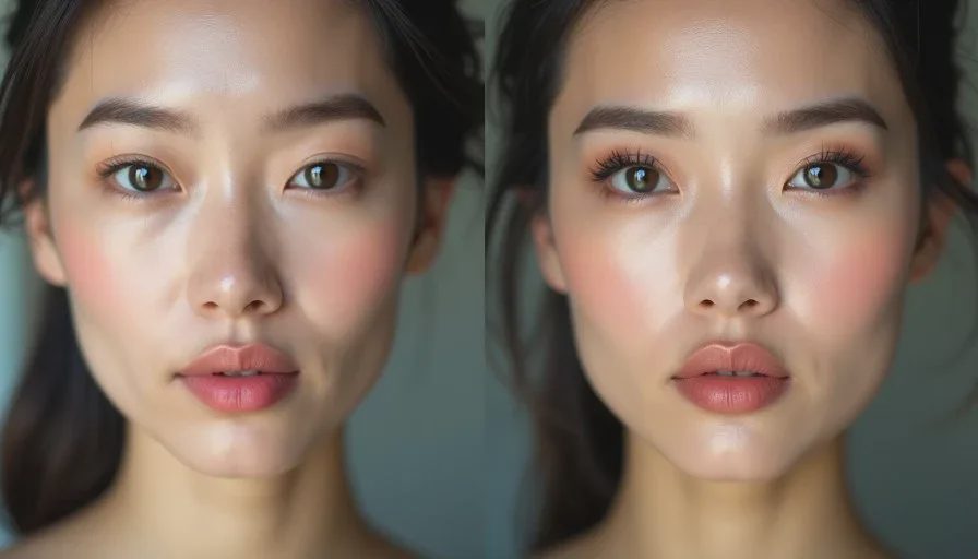 Camera lighting versus real office lighting — the difference that matters Split-style comparison concept: one side suggesting controlled ring-light makeup, the other showing a face in ordinary office lighting with natural makeup.