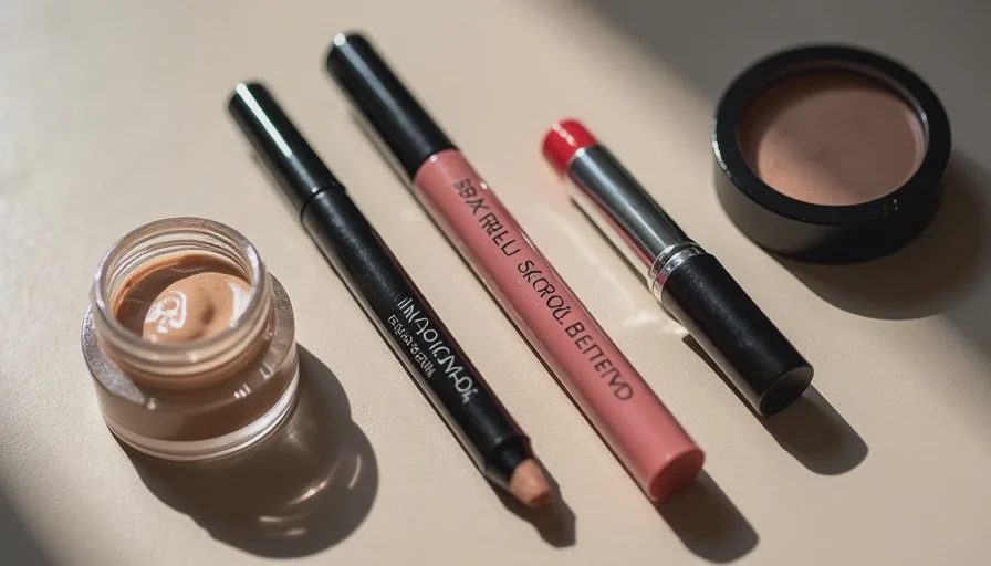 Everyday Target beauty picks that earn a place in a workday routine A clean flat lay of accessible makeup products commonly bought at Target: mascara, skin tint, cream blush, brow pencil and tinted lip balm on a neutral surface.