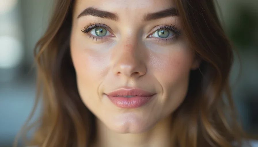 Low-effort makeup that reads well on camera without looking overdone Close-up of a woman’s face in soft indoor lighting with natural low-effort makeup, looking awake and presentable for a video call.