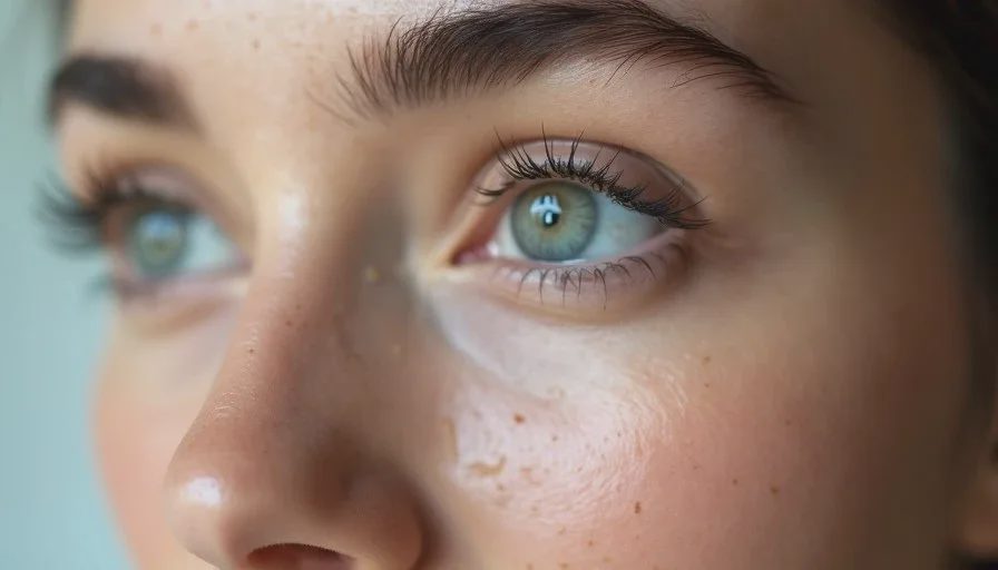 Under-eye concealer appearance under real office lighting by late afternoon Close-up of a woman’s under-eye area in office lighting showing natural concealer wear at the end of the workday, no heavy filter.
