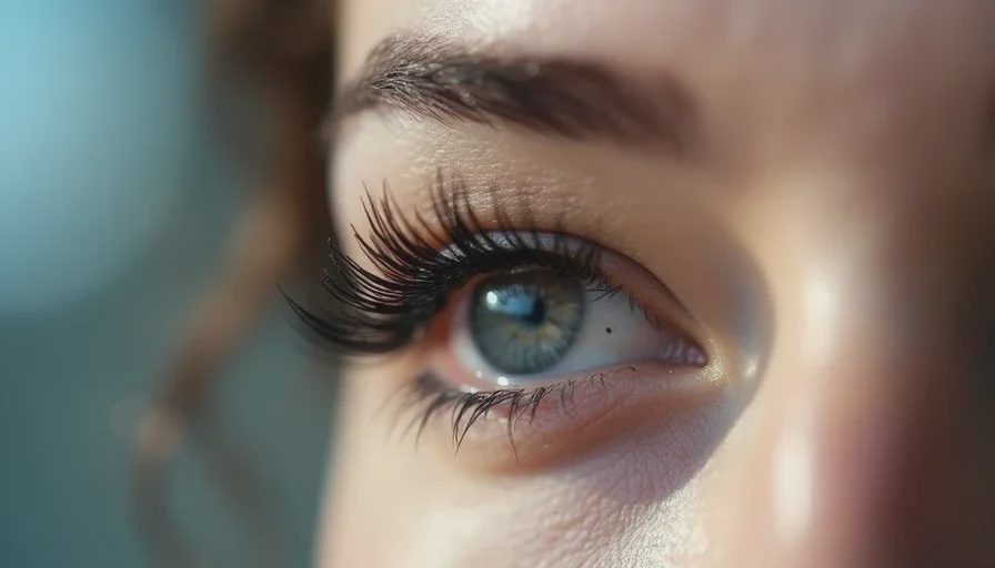 Close-up of a woman’s upper lashes in soft office lighting showing natural mascara wear after several hours, no heavy clumps or flakes.