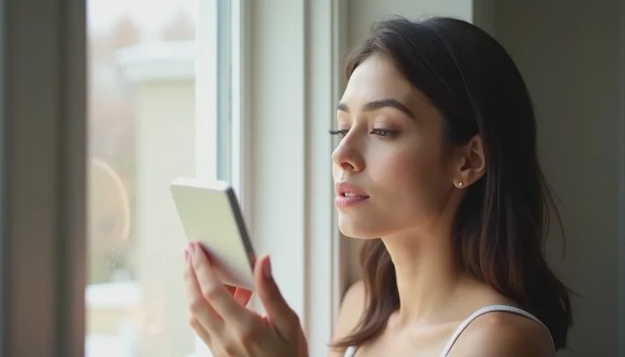 Checking foundation in real light — the step most people skip A woman checking her foundation shade near a window in mixed natural and indoor light, illustrating how lighting changes the appearance of base makeup.