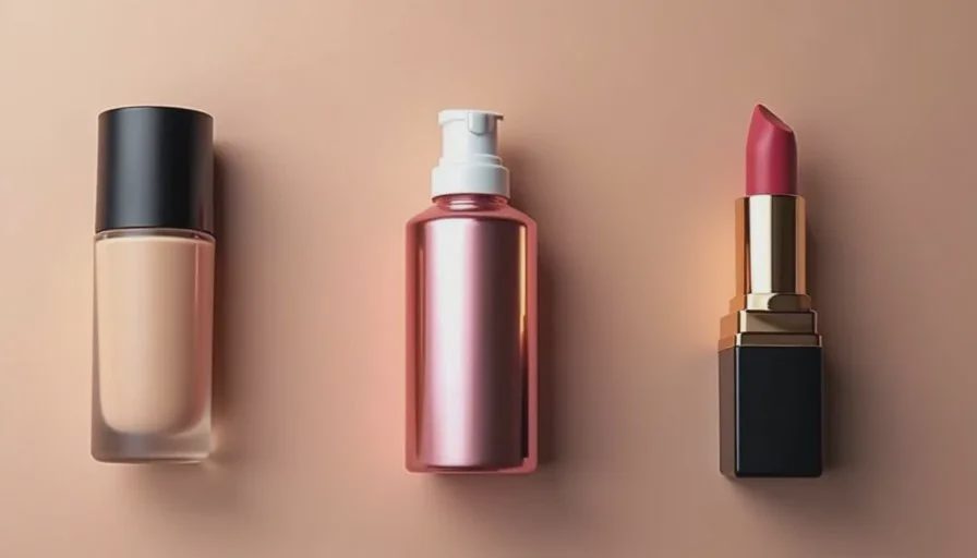 Product types that frequently led to post-purchase regret at the beauty counter A few makeup products on a clean counter surface representing common regret categories: a full-coverage foundation, a trendy limited-edition item and a high-end lipstick.