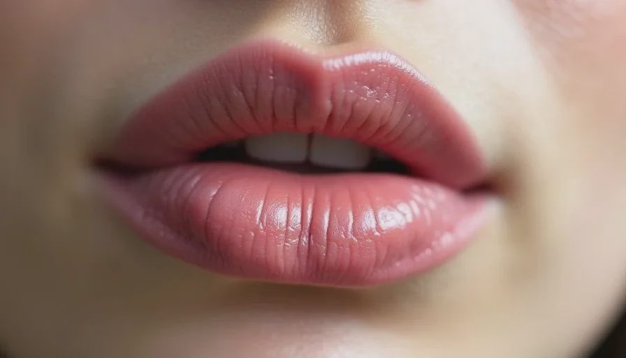 Lip color appearance after coffee — residual tint that still looks intentional Close-up of a woman’s lips in soft natural light showing residual tinted lip color after drinking coffee, natural and slightly softened.
