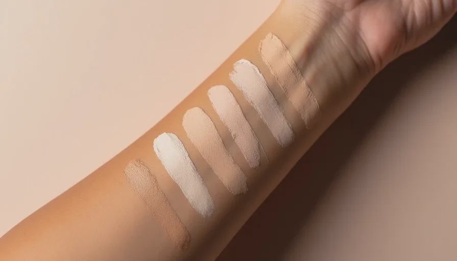 Concealer swatches used in the full workday wear test Five concealer swatches on a neutral skin tone forearm under natural light, showing different finishes from creamy to matte.