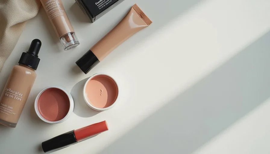 The short product list for low-effort hybrid and video-call makeup Minimal makeup products for hybrid workdays: skin tint, concealer, cream blush, mascara and tinted balm arranged on a clean desk surface.