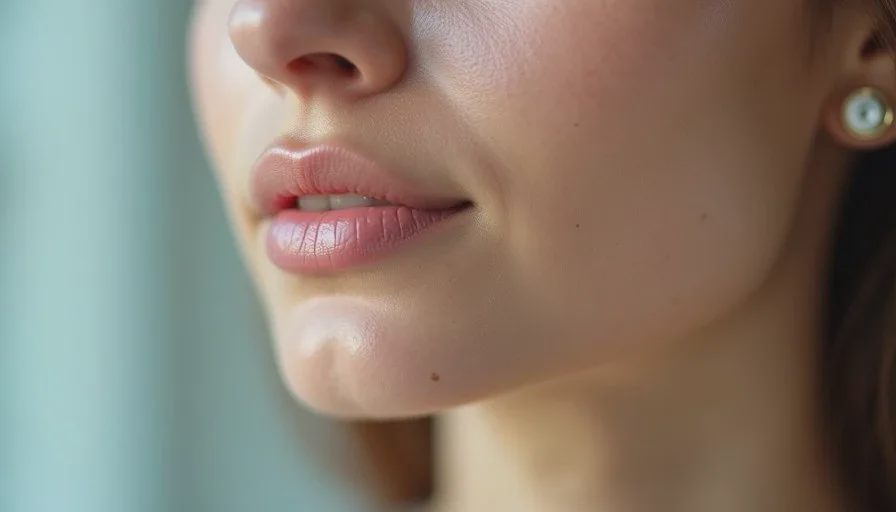 Skin tint appearance under office lighting by late afternoon Close-up of a woman’s cheek and jaw in soft office lighting showing natural residual skin tint appearance at the end of the workday.