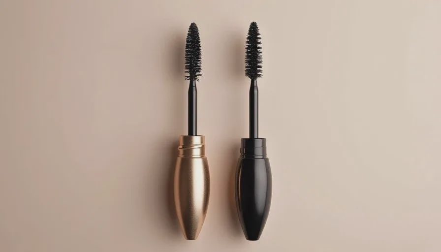 Two mascara tubes and their brushes laid side by side on a neutral surface, one simple drugstore style and one more refined prestige style.