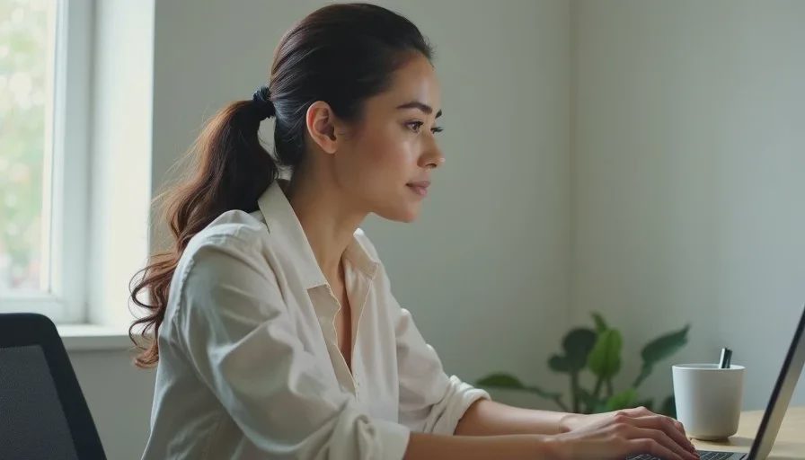 Showing up as yourself on an ordinary workday A woman sitting at a simple office desk in natural light, wearing soft natural makeup, looking calm and present while working.