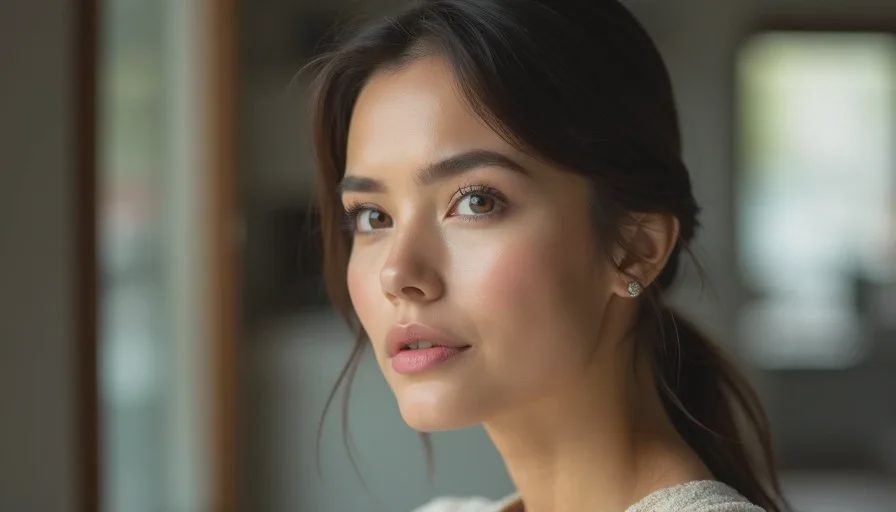 A woman with soft, coherent natural makeup in ordinary indoor light, looking calm and polished without any visible luxury product emphasis.
