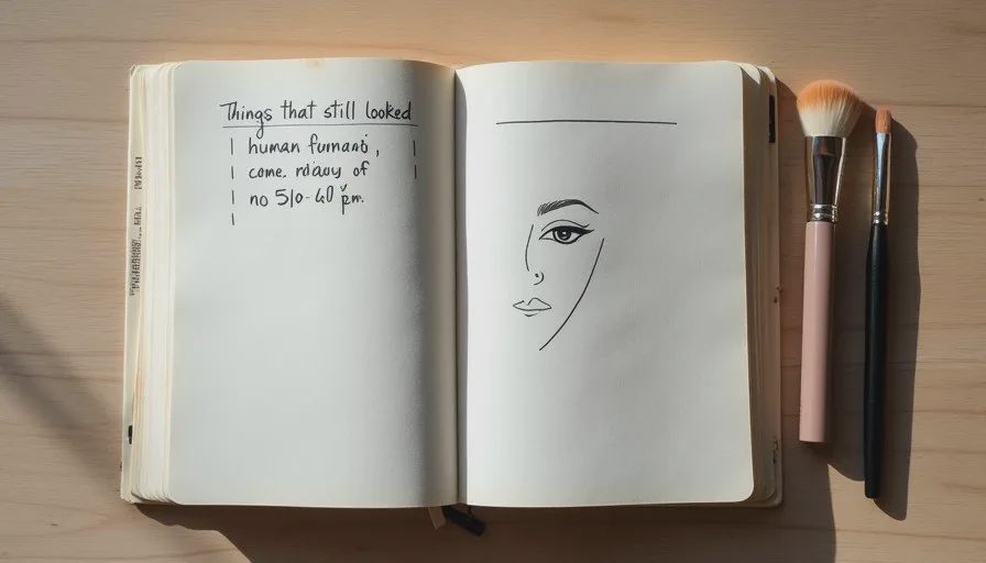 Lucy’s notebook of real workday makeup notes Open notebook on a wooden vanity showing handwritten notes about products that still looked good at 5:40 p.m., with a few makeup brushes nearby.