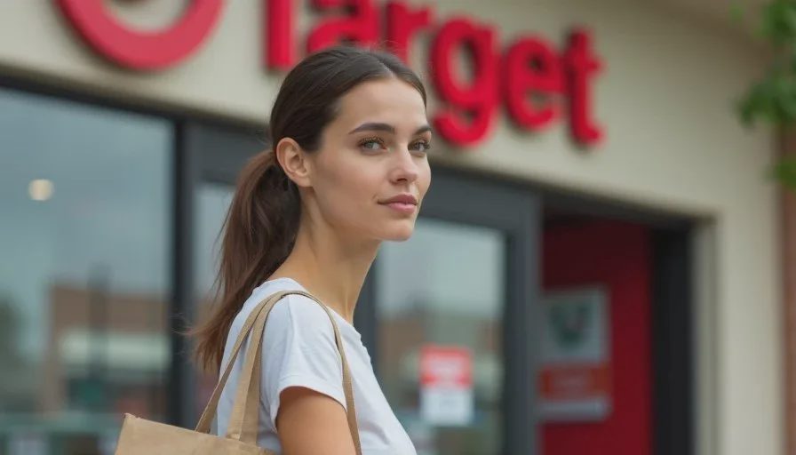 A practical Target beauty run — choosing what actually works for workdays Lucy Fairmont walking out of a Target store entrance in soft daylight, carrying a small bag, looking relaxed and practical after a beauty run.