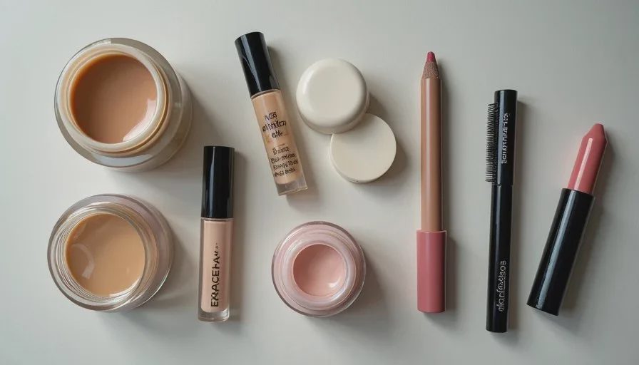 Flat lay of Monday morning makeup products: moisturizer, skin tint, concealer, cream blush, brown pencil, mascara and tinted balm on a clean surface.