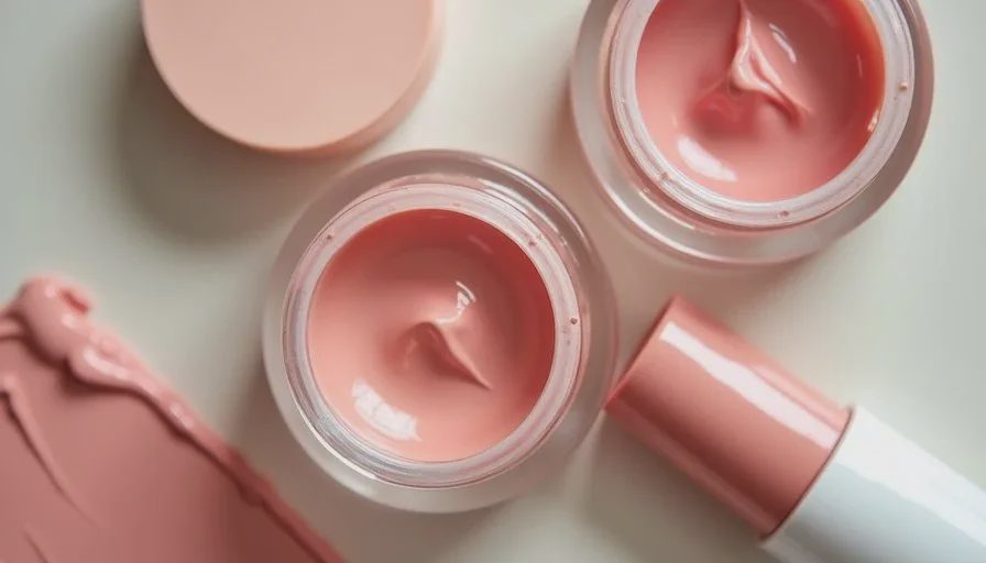 Cream blush formulas tested for full workday fade Several cream blush pots and sticks arranged on a neutral surface, showing different textures from sheer balm to pigmented cream.