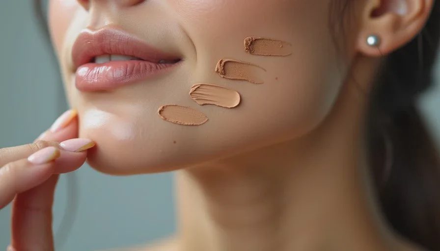 Shade matching along the jawline — the area that matters most Close-up of foundation swatches being compared along a woman’s jawline in natural light, showing the importance of matching to the neck and jaw.