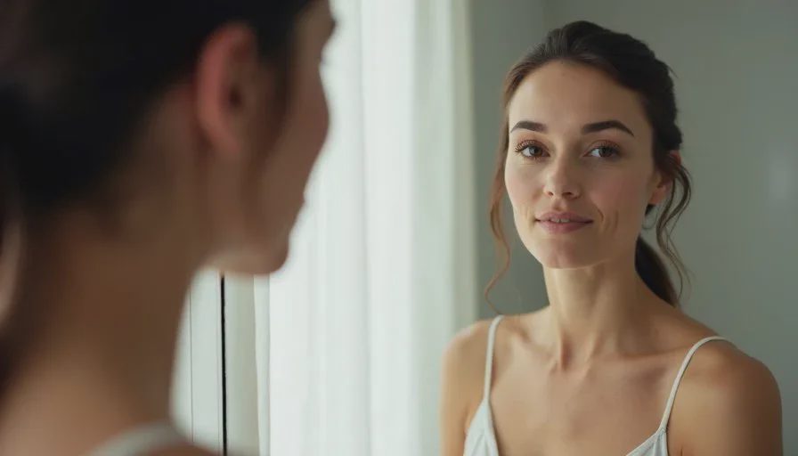 Final mirror check before an early meeting on limited sleep A woman checking her finished natural makeup in a bathroom mirror under early morning light, looking calmer and more awake than before.
