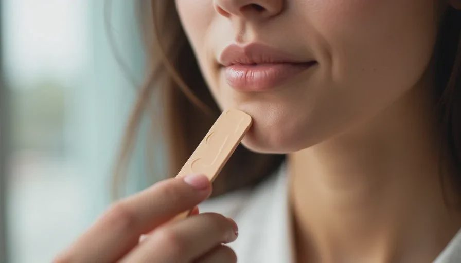 Shade matching the way it actually happens at the beauty counter Close-up of a woman’s hand holding a foundation shade stick against the side of her face near the jawline under natural light, illustrating shade matching.