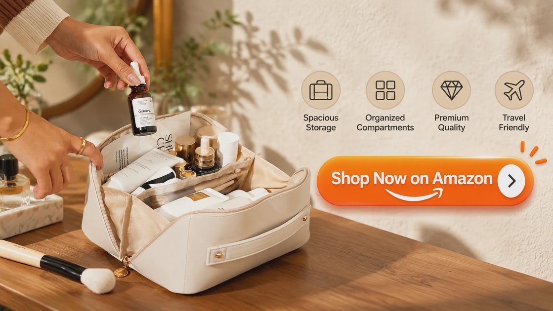 Open flat cream EACHY lay-flat makeup bag on a wooden office desk, packed with skincare and makeup products