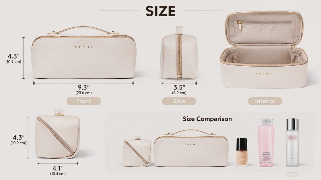 EACHY lay-flat makeup bag size guide with front, side and interior dimensions in inches and centimeters