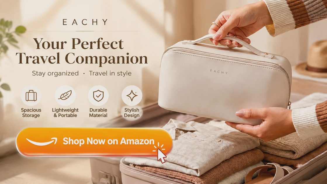 EACHY travel makeup bag with sturdy top handle beside a packed suitcase
