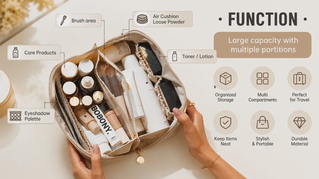 EACHY makeup bag with labeled compartments for brushes, skincare, powder and toner
