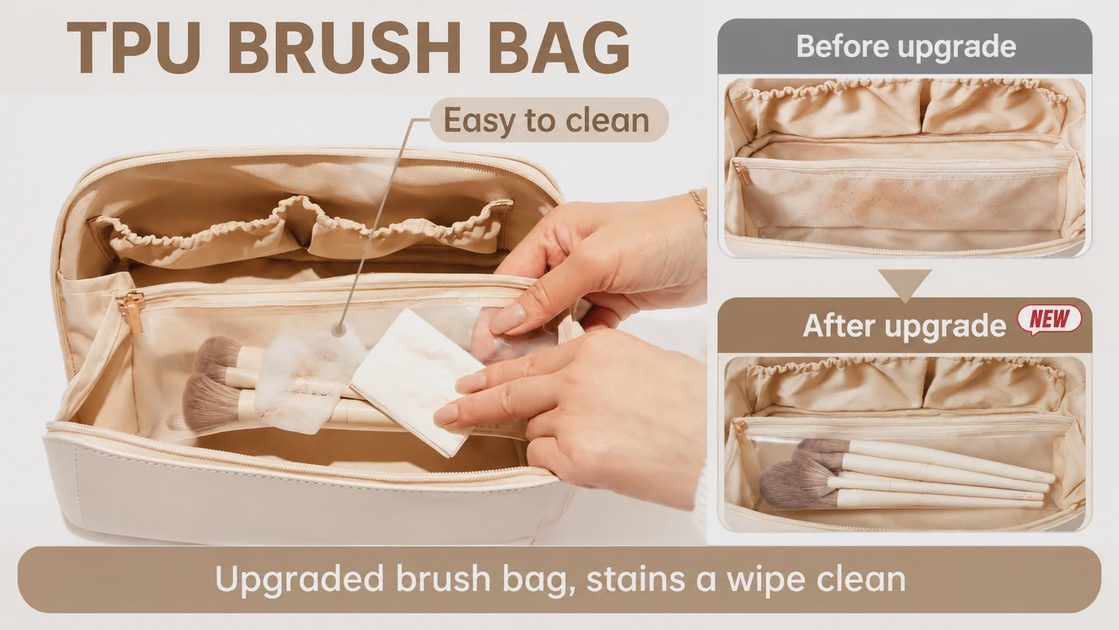 EACHY upgraded TPU brush bag comparison before and after, stains wipe clean with a damp cloth