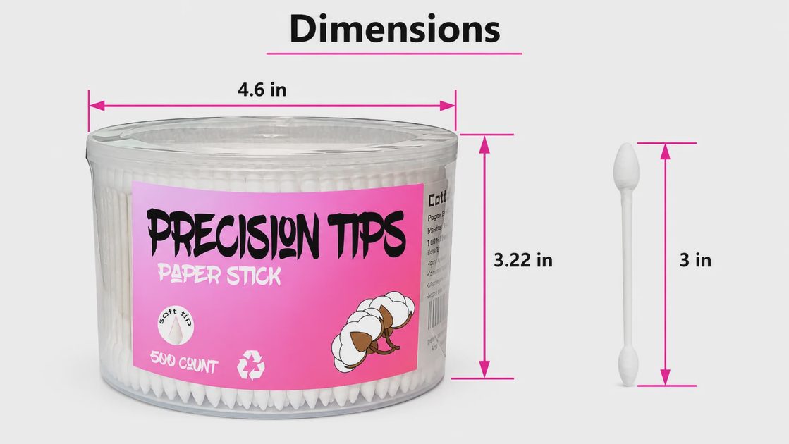 Cotton Swab Box and Swab Size Dimensions of the 500-count cotton swab container and a 3-inch swab
